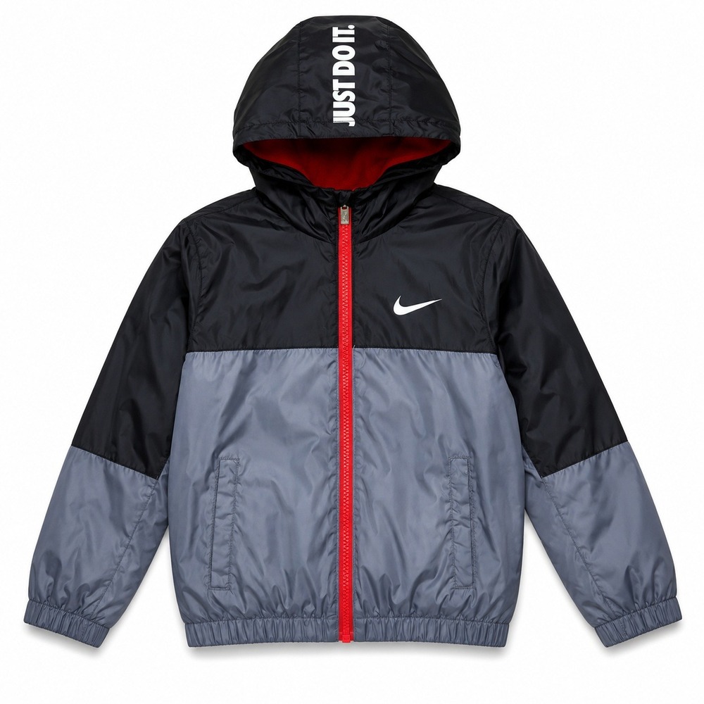 Nike Lined Windbreaker Jacket Kids Boys 3T Black Grey Fleece Hooded Athletic Zip